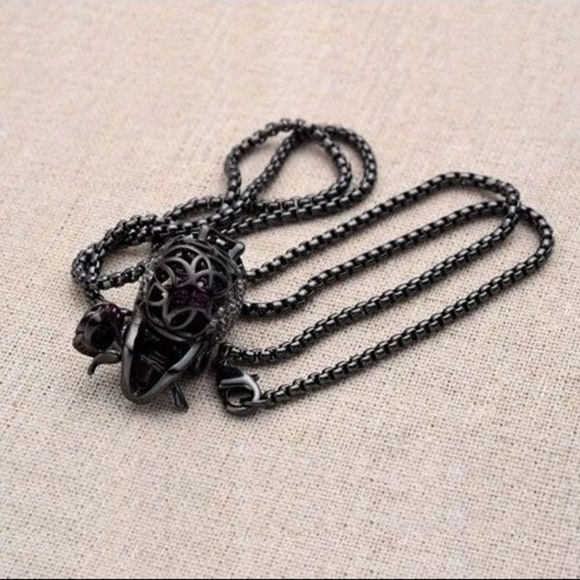 Black titanium and purple crystal skull rose goth punk pendant necklace new - Picture 3 of 6